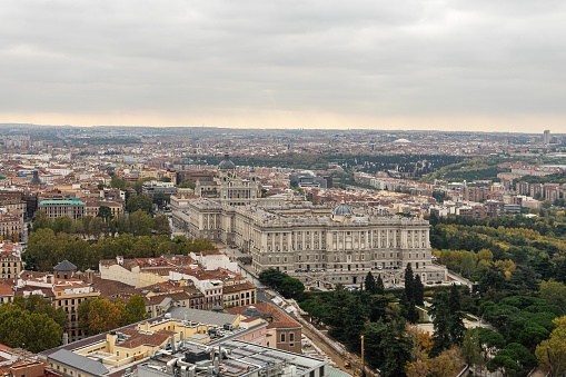 aerial view of the royal palace of madrid with the almudena cathedral in the background
