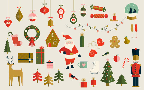 illustrations, cliparts, dessins animés et icônes de mega ensemble de 43 éléments de noël et icônes, y compris: père noël, rennes, gingerbread men, casse-noisette, arbres de noël, ornements de noël, bas, couronnes et plus - évènement public illustrations