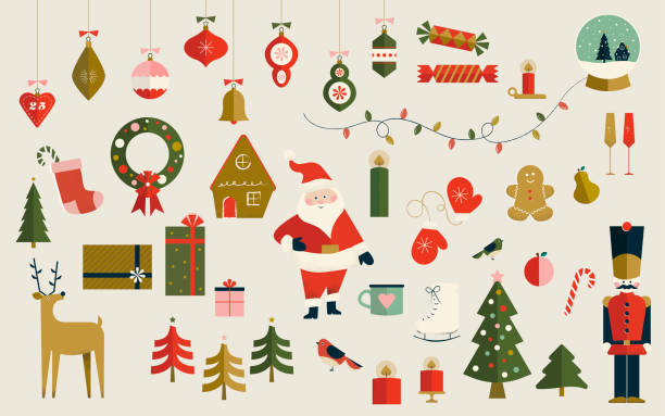 Mega Set of 43 Christmas Elements and Icons including: Santa Claus, Reindeer, Gingerbread Men, The Nutcracker, Christmas Trees, Christmas Ornaments, Stockings, Wreaths and More Includes Santa Claus, The Nutcracker, Gingerbread Man, Gingerbread House, Wreath, Ornaments, Champagne Glasses, Snow Globes, Christmas Presents, Reindeer, Candy Canes, Mittens, Coffee Mug and More light through trees stock illustrations