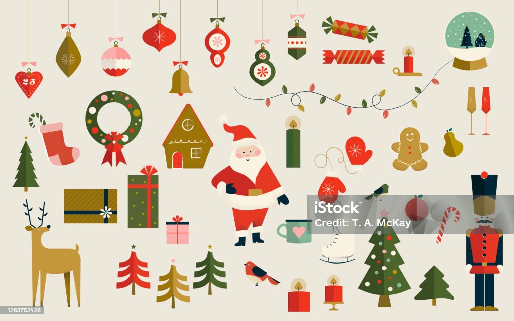巨型套裝 43 聖誕元素和圖示,包括:聖誕老人,馴鹿,薑餅人,胡桃夾子,聖誕樹,聖誕裝飾品,絲襪,花圈和更多 - 免版稅聖誕節圖庫向量圖形