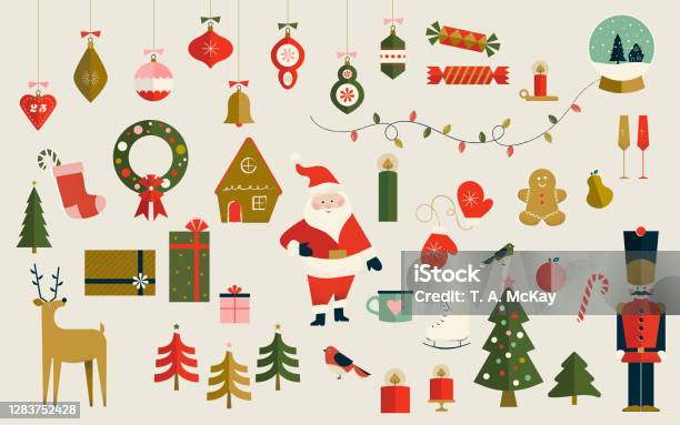 巨型套裝 43 聖誕元素和圖示包括聖誕老人馴鹿薑餅人胡桃夾子聖誕樹聖誕裝飾品絲襪花圈和更多向量圖形及更多聖誕節圖片