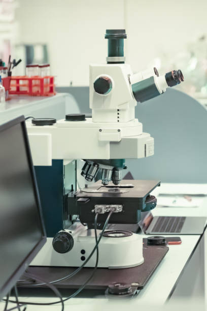 istock Microscope with metal lens at laboratory for developing vaccines against coronavirus 1283754454