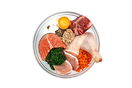 Natural healthy dog food in bowl isolated on white background. Raw fresh pork, beef, chicken meat, salmon fish, egg, vegetables, seeds, yogurt.