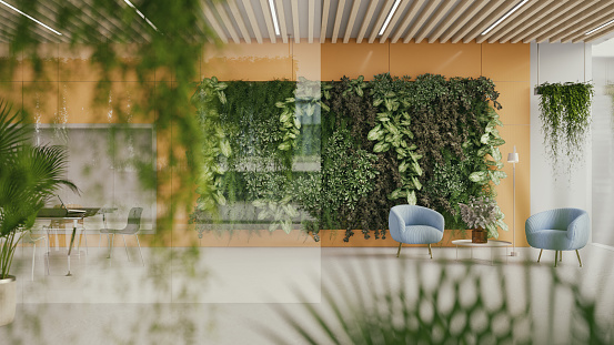 3D render of a green modern office lobby