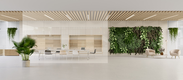 Panoramic 3D render of a green modern lobby