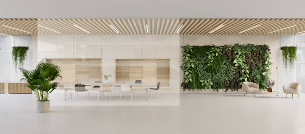 Sustainable workplace Panoramic 3D render of a green modern lobby green home decor stock pictures, royalty-free photos & images