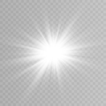 Vector light, sun, rays. Sunrise. A bright flash of light. The lights of a sun. Vector illustration.