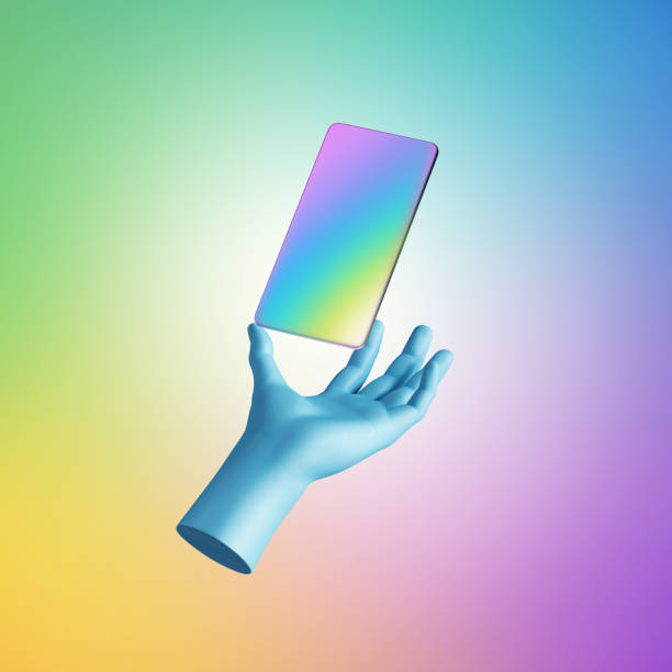 istock 3d render, blue hand holds smart phone digital device in vertical position for selfie. Electronic gadget blank mockup isolated on colorful background. Virtual reality, wireless technology presentation 1283763724