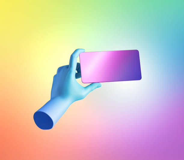 istock 3d render, blue hand holds card or smart phone digital device in horizontal position. Electronic gadget blank mockup isolated on colorful background. Virtual reality, wireless technology presentation 1283763735