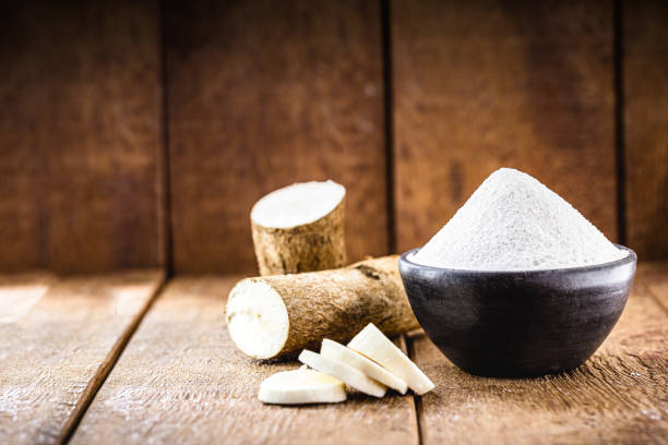 harina alternativa, comida vegana, típica de brasil, hecha con yuca. raíz típica de américa del sur - starch fotografías e imágenes de stock