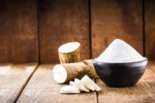 Photo of alternative flour, vegan food, typical of Brazil, made with cassava. Typical south american root