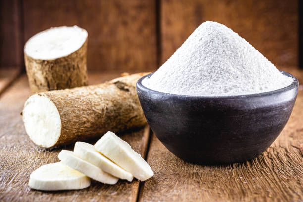 farinha alternativa, comida vegana, típica do brasil, feita com mandioca. raiz típica da américa do sul - starch - fotografias e filmes do acervo