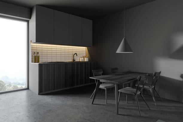 istock Gray and wooden kitchen corner with table 1283765101