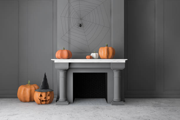 istock Gray fireplace with carved pumpkins 1283765110