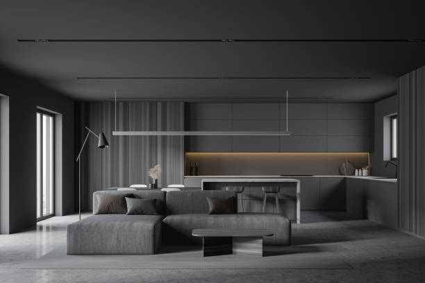 istock Grey kitchen and living room interior 1283765153