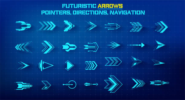 Set of futuristic arrows. Futuristic interface hud design elements. Arrows, pointers, direction. Set of holographic arrows, pointers, direction for infographics or game. Vector illustration Set of futuristic arrows. Futuristic interface hud design elements. Arrows, pointers, direction. Set of holographic arrows, pointers hud graphical user interface stock illustrations