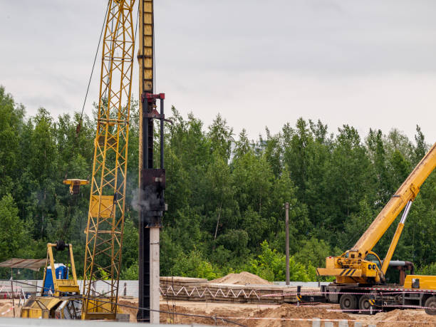 Pile driver, industrial scale piledriver, diesel impact hammer hammers piles when building the foundation