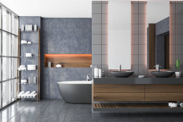 istock Concrete bathroom interior with tub and sink 1283766051