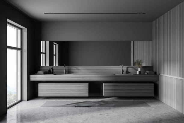 istock Gray and wooden bathroom with sink 1283767239