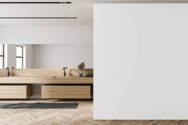 istock White and wooden bathroom, mock up wall 1283767339