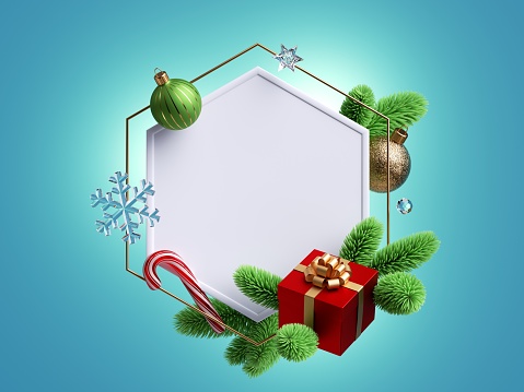 3d render, Christmas greeting card mockup. Hexagonal frame with blank space, decorated with spruce twigs, glass balls, red gift box and festive ornaments, isolated on blue background