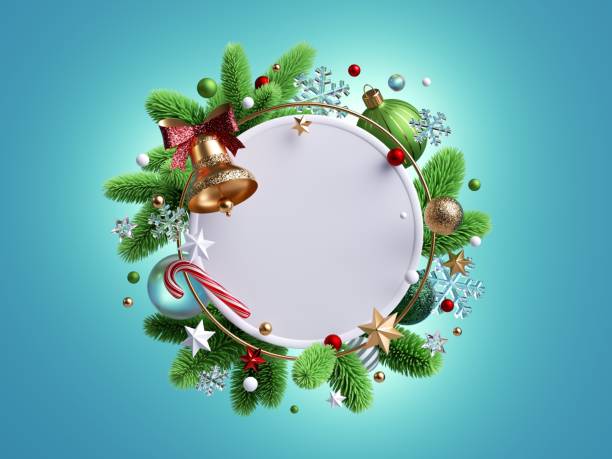 istock 3d render, Christmas background with blank round frame. Spruce wreath decorated with golden bell, glass balls and festive ornaments, isolated on blue 1283768693