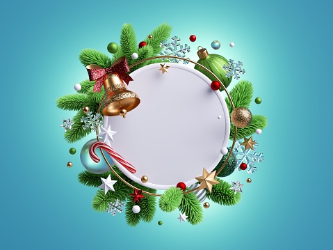 3d render, Christmas background with blank round frame. Spruce wreath decorated with golden bell, glass balls and festive ornaments, isolated on blue