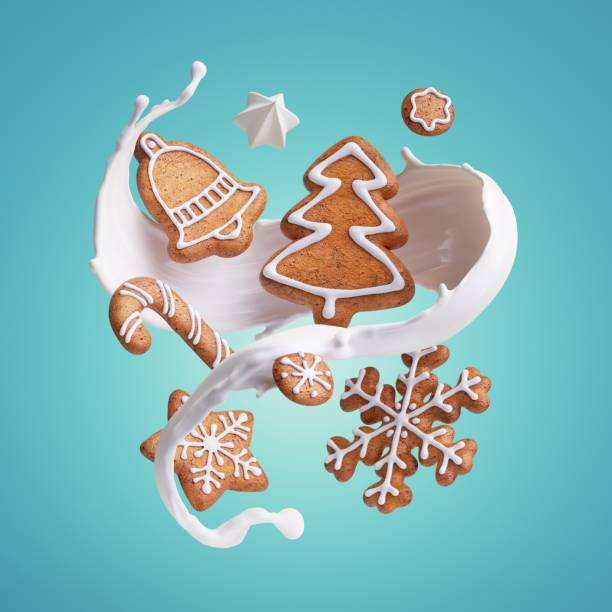 3d render, lebkuchen kekse schweben mit spritzenden milchwelle isoliert auf blauem hintergrund. weißer spritzender flüssigkeitswelliger strahl und leckere. weihnachten essen illustration - drop cookies stock-fotos und bilder