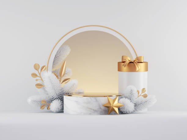 istock 3d render, Christmas white gold background with empty marble podium, round frame, gift box, spruce twig and festive ornaments. Commercial seasonal showcase mockup for product presentation. 1283769224