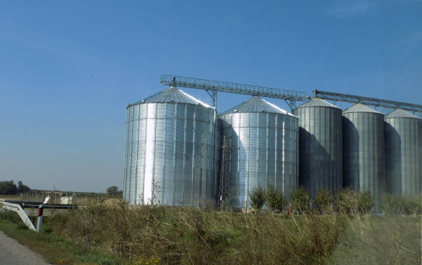 istock Metal grain silos by the roadside 1283771729