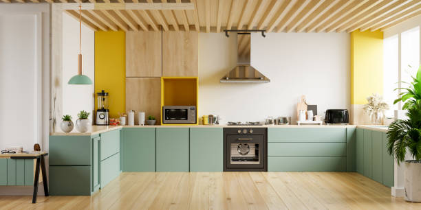 interior de cocina moderna. - decoración artículos domésticos ilustraciones fotografías e imágenes de stock