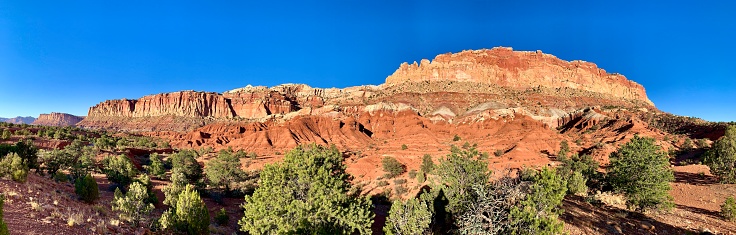 The rich, deep, and orange colors of a high canyon wall are accented by the deep blue desert Autumn sky.