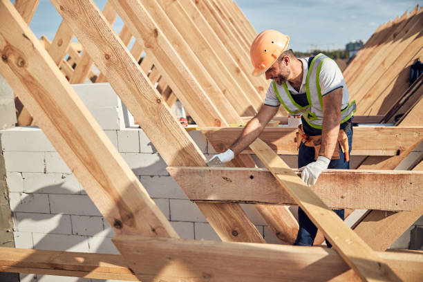 construtor profissional em equipamentos de proteção construindo um telhado - construction frame wood accuracy adult - fotografias e filmes do acervo