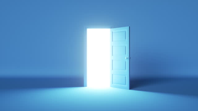 3d render, blue room, bright white light shining behind the opening door, flight forward, entering inside the doorway. Modern minimal concept. Opportunity metaphor.