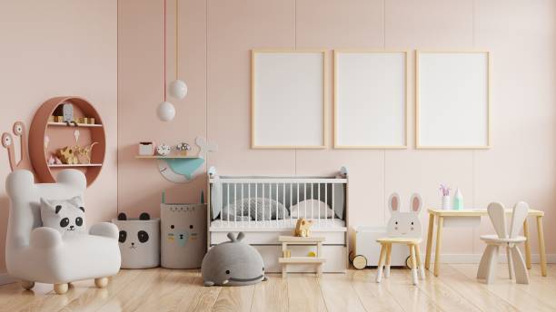 istock Mock up posters in child room interior. 1283773812