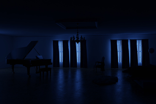 3d rendering of classic bedroom apartment with piano in the moonlight