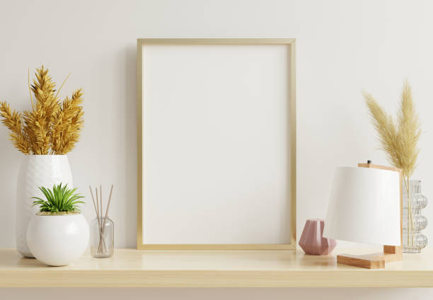 istock Home interior poster mock up with vertical gold frame. 1283775459