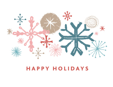 Hand drawn Christmas and Holiday background with stylized snowflakes. Holiday Greeting card design. Happy Holidays Calligraphy, Christmas, Christmas Card, Christmas Snowflakes. White background. Vector eps. Fully editable.