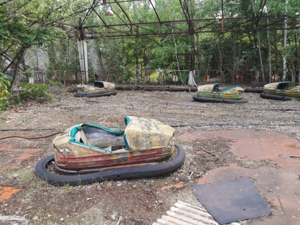 Old abandoned broken rusty attraction for children in Pripyat, Ukraine.