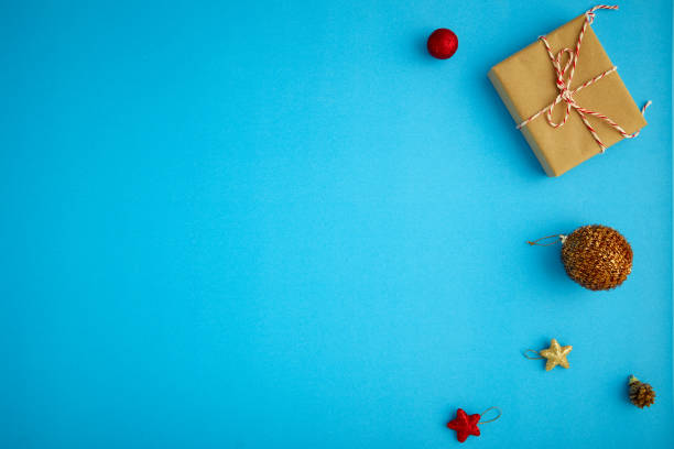 istock Different Christmas decorations and toys on blue background 1283782111