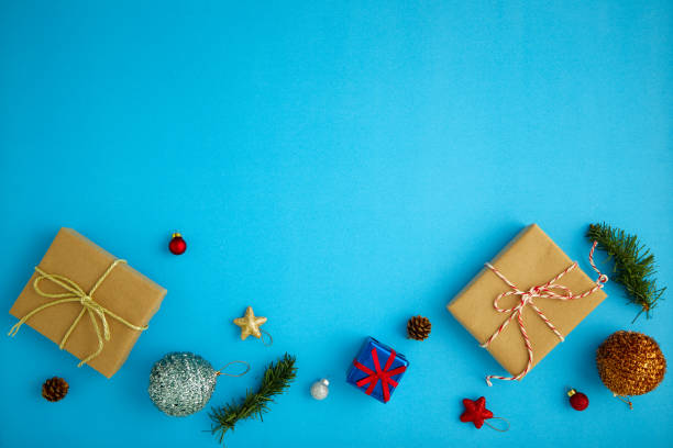 istock Different Christmas decorations and toys on blue background 1283782112