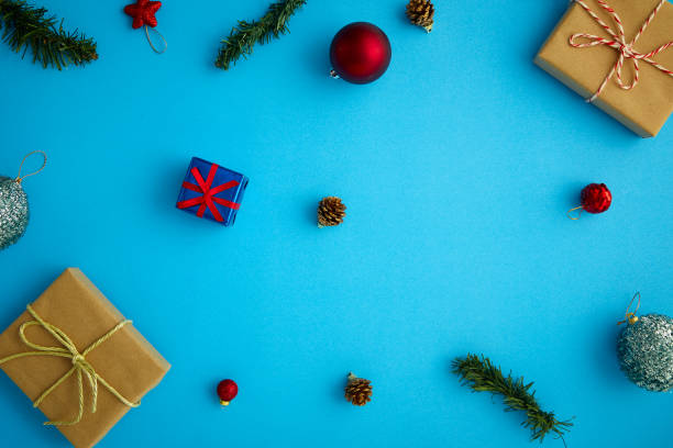 istock Different Christmas decorations and toys on blue background 1283782117