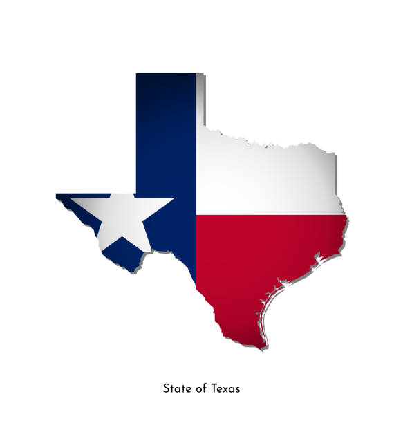 istock Vector isolated illustration with flag and simplified map of Texas (State of USA). Volume shadow on the map. White background 1283782166
