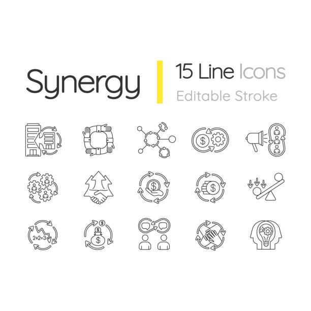 Synergy linear icons set Synergy linear icons set. Business project. Financial operation. Interpersonal relationship. Customizable thin line contour symbols. Isolated vector outline illustrations. Editable stroke operating budget stock illustrations