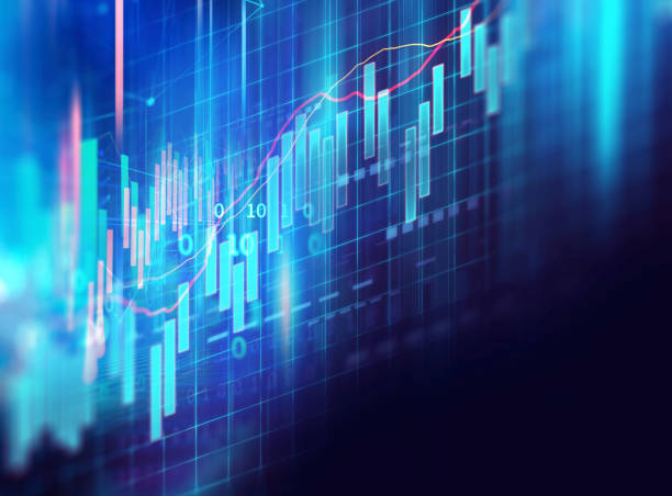 gráfico de inversión bursátil con datos de indicadores y volúmenes. - stock market stock ticker board stock market data finance fotografías e imágenes de stock