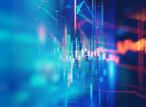 gráfico de inversión bursátil con datos de indicadores y volúmenes. - stock market stock ticker board stock market data finance fotografías e imágenes de stock