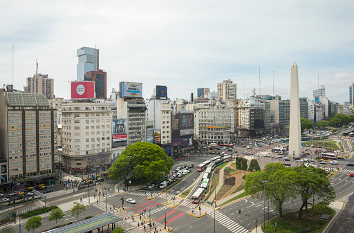 Buenos Aires, Argentina - November 12, 2019: High angle view of the city center of Buenos Aires, with Plaza de la Republica and the Obelisk.