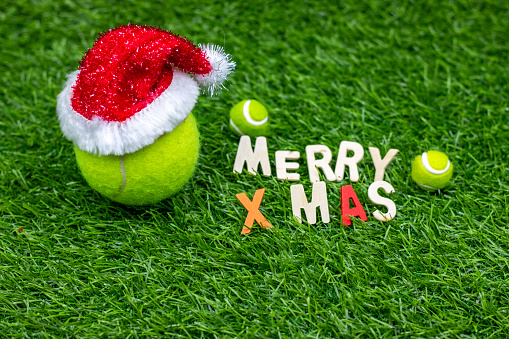 Tennis ball with Santa Hat are on green grass for Christmas Holiday