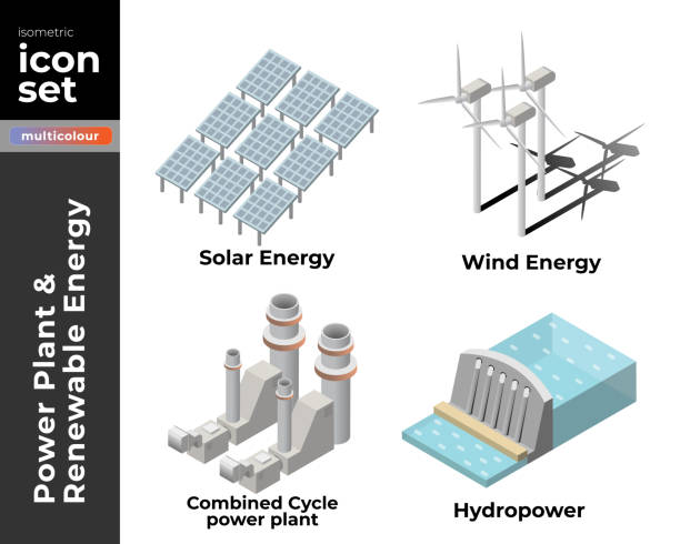 Power Plant and Renewable Energy Isometric Icon illustration. Vector stock illustration The isometric icon set of power plant and renewable energy on white background such as Photovoltaic Panel (Solar Energy), Wind Energy. Texts are editable. isometric smart city stock illustrations