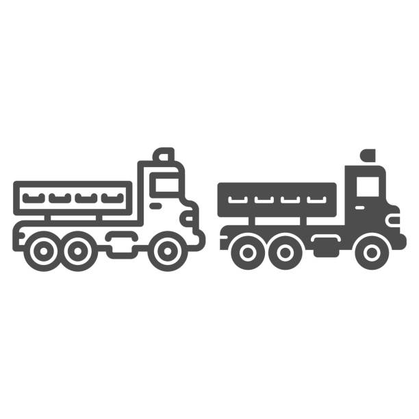 load truck mit karosserieanhänger linie und solide ikone, schweres gerät konzept, fahrzeug mit anhänger körperschild auf weißem hintergrund, lader-symbol im umriss-stil für mobile und web-design. vektorgrafiken. - truck military armed forces pick up truck stock-grafiken, -clipart, -cartoons und -symbole